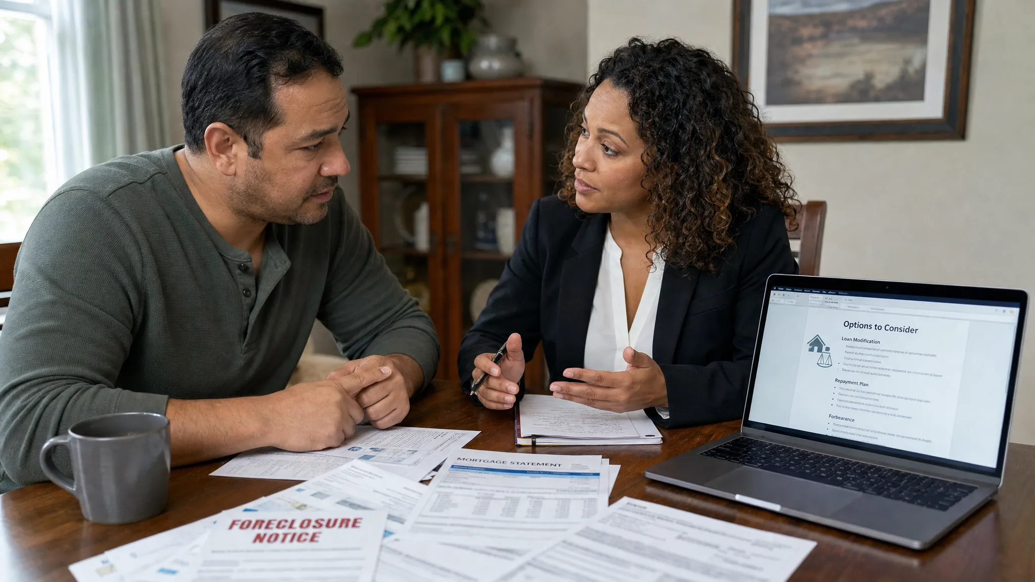 A homeowner and an attorney sitting at a dining table with mortgage statements, foreclosure papers, and a laptop open to a document screen facing the camera, discussing options in a calm, supportive conversation.