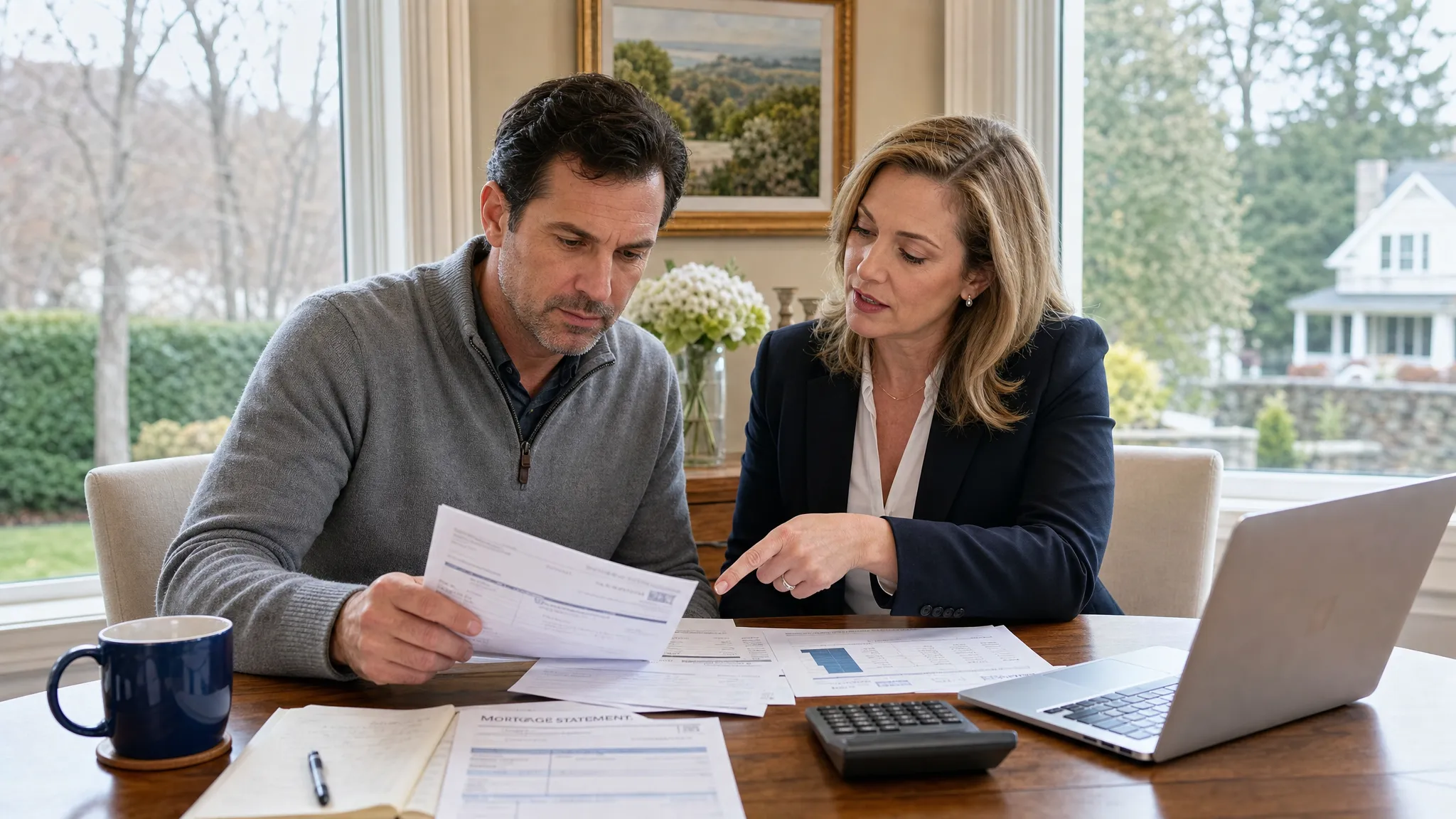 A homeowner and debt resolution attorney reviewing bills, mortgage statements, and a household budget at a bright dining table in a Westchester County home with a residential window view in the background.